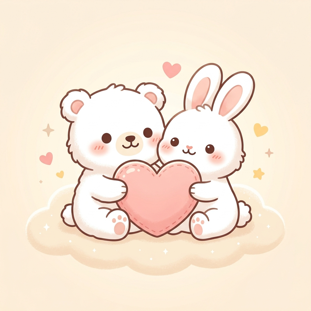 Cute teddy bear and bunny holding a heart